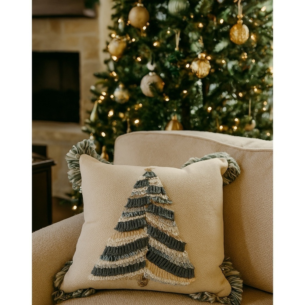 3D Yarn Knit Woven Tassel Christmas Tree Sage Green Decorative Pillow 18โx18โ